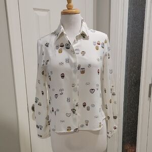 Zara Button Front Blouse with Colorful Owl Print